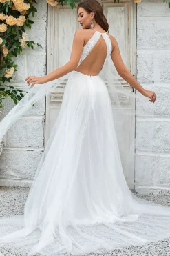 Marfim Open Back Tulle Sweep Train Vestido de Noiva com Renda