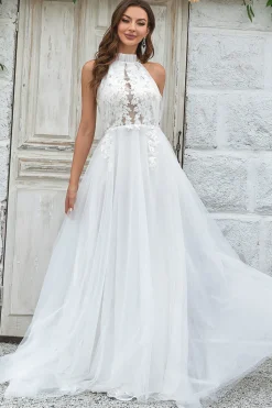 Marfim Open Back Tulle Sweep Train Vestido de Noiva com Renda