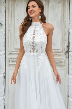 Marfim Open Back Tulle Sweep Train Vestido de Noiva com Renda