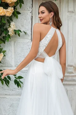 Marfim Open Back Tulle Sweep Train Vestido de Noiva com Renda