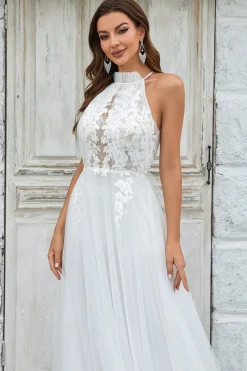 Marfim Open Back Tulle Sweep Train Vestido de Noiva com Renda