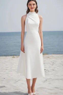 Marfim Pescoço Alto Cetim Midi Vestido De Noiva Simples
