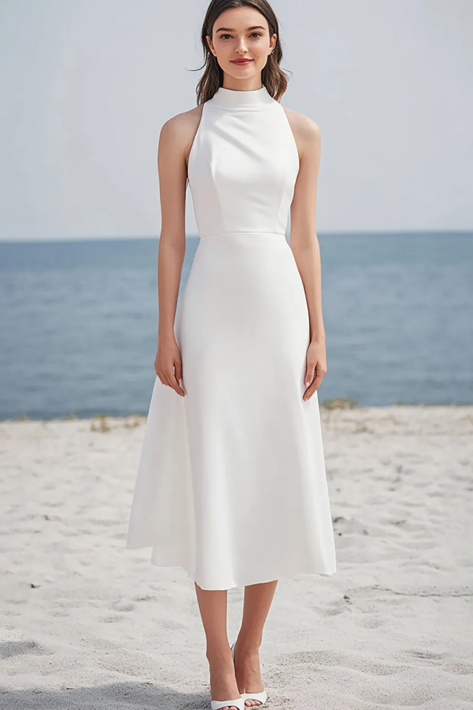 Marfim Pescoço Alto Cetim Midi Vestido De Noiva Simples