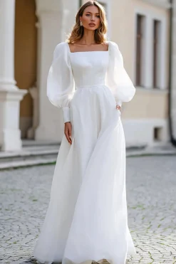 Marfim Pescoço Quadrado Mangas Longas Uma Linha Vestido de Noiva