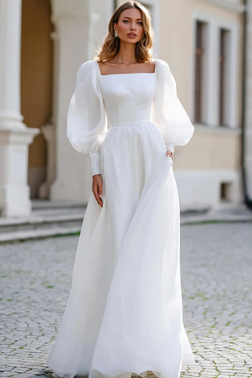 Marfim Pescoço Quadrado Mangas Longas Uma Linha Vestido de Noiva