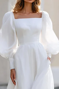 Marfim Pescoço Quadrado Mangas Longas Uma Linha Vestido de Noiva
