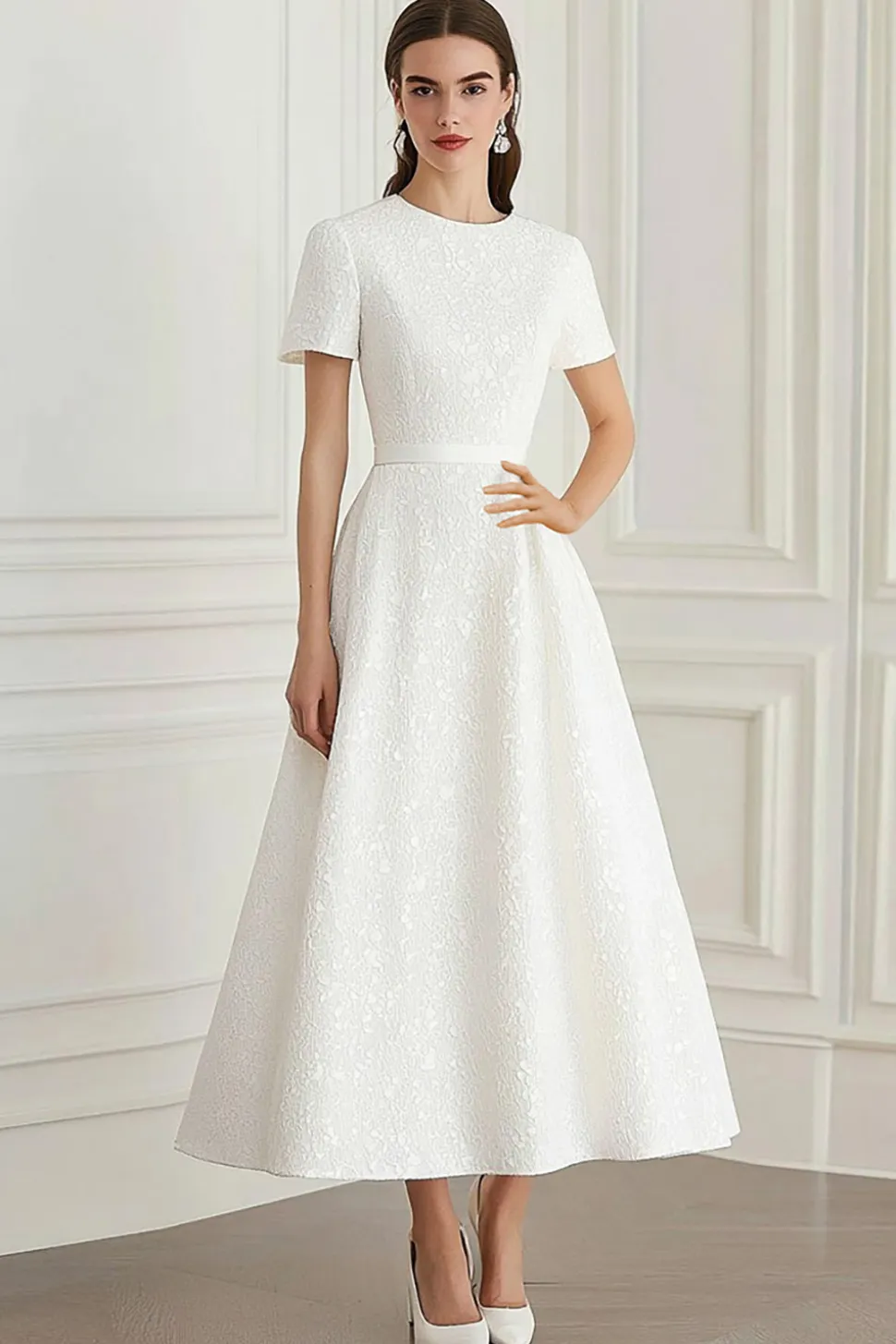 Marfim pescoço redondo Jacquard A-Line Midi vestido formal com mangas curtas