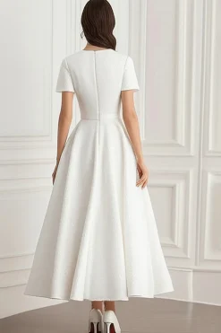 Marfim pescoço redondo Jacquard A-Line Midi vestido formal com mangas curtas