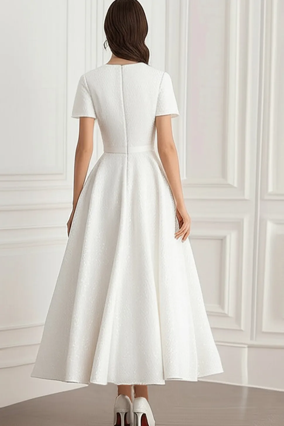 Marfim pescoço redondo Jacquard A-Line Midi vestido formal com mangas curtas
