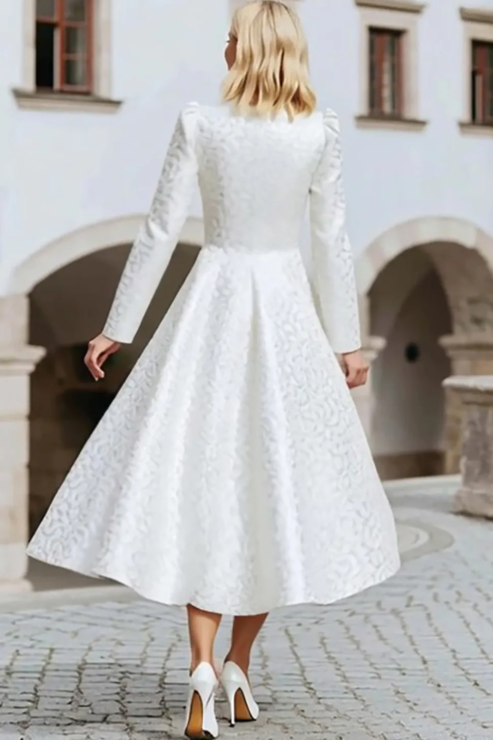 Marfim Pescoço Redondo Jacquard Uma Linha Courthouse Vestido de Noiva