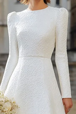 Marfim Pescoço Redondo Uma Linha Manga Longa Midi Vestido de Noivado