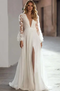 Marfim plissado manga longa uma linha vestido de noiva