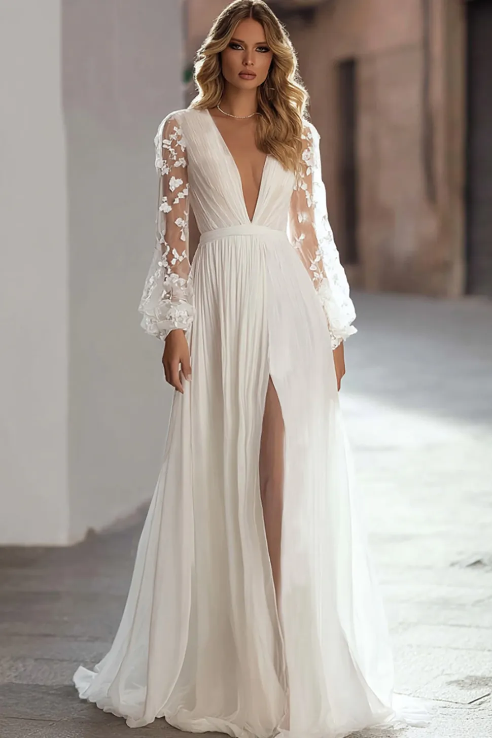 Marfim plissado manga longa uma linha vestido de noiva
