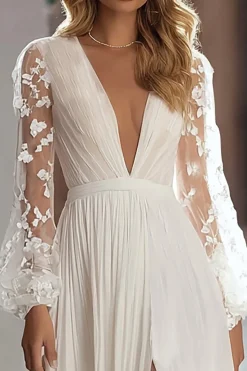 Marfim plissado manga longa uma linha vestido de noiva