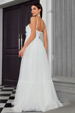 Marfim plissado uma linha espaguete alças longo vestido de noiva