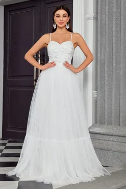 Marfim plissado uma linha espaguete alças longo vestido de noiva