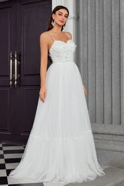 Marfim plissado uma linha espaguete alças longo vestido de noiva
