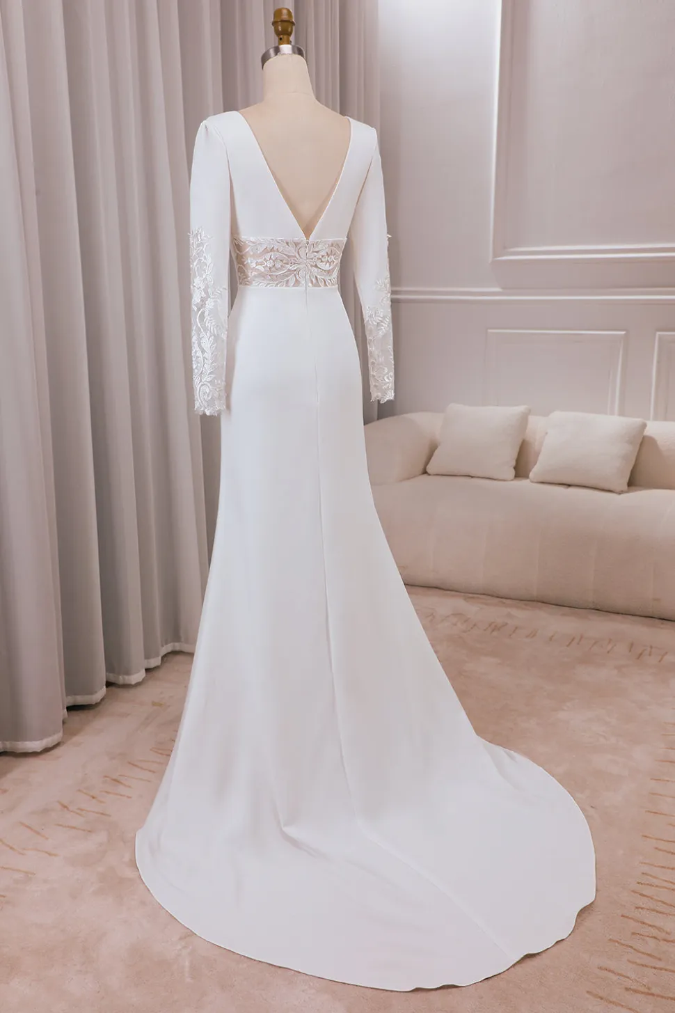 Marfim profundo V-neck mangas longas Crepe e renda sereia vestido de noiva
