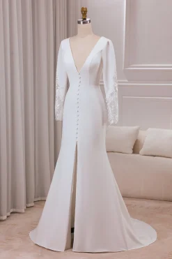 Marfim profundo V-neck mangas longas Crepe e renda sereia vestido de noiva