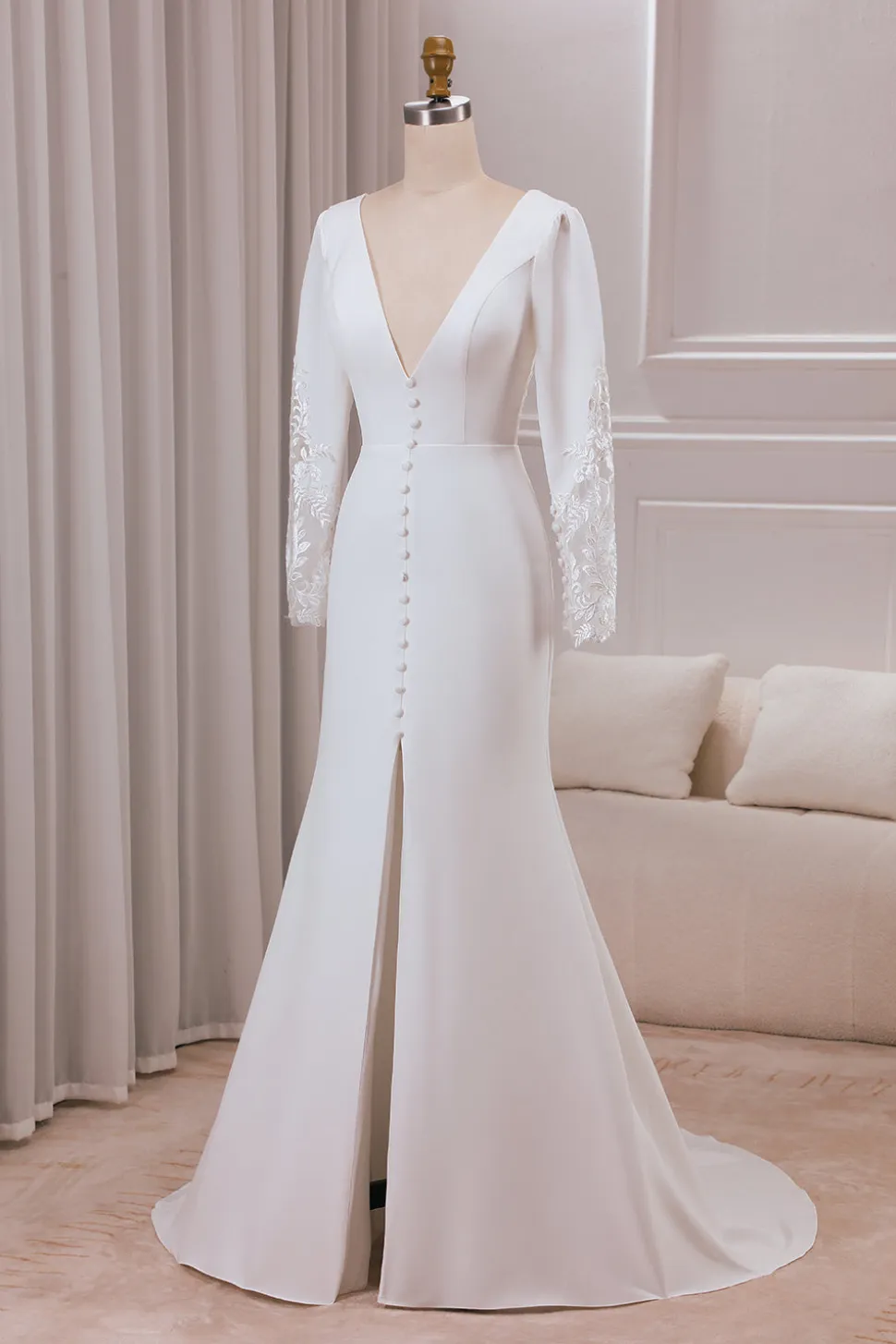 Marfim profundo V-neck mangas longas Crepe e renda sereia vestido de noiva