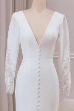 Marfim profundo V-neck mangas longas Crepe e renda sereia vestido de noiva