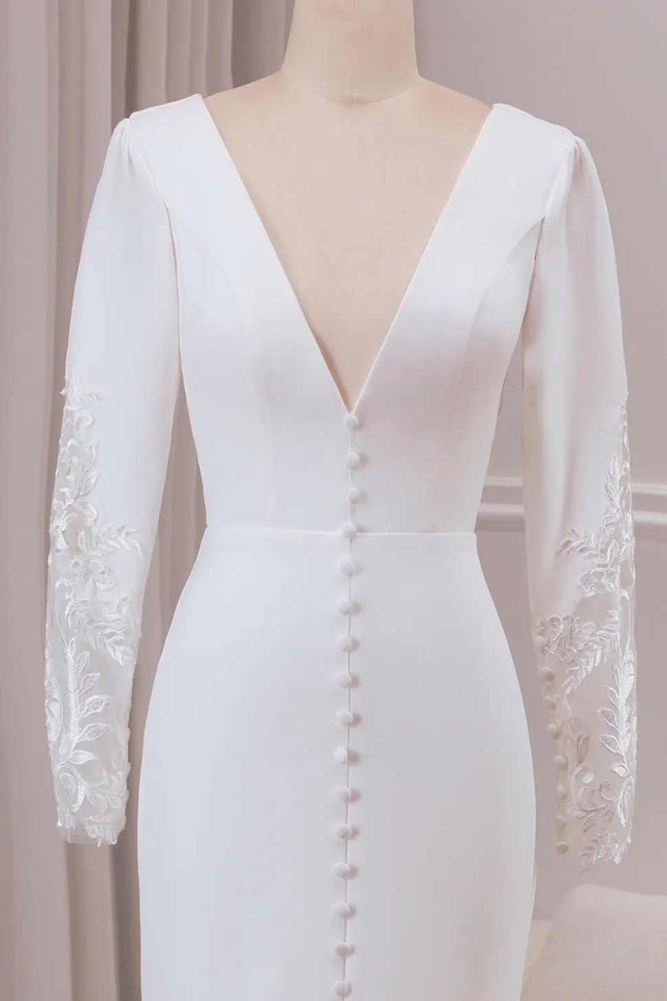 Marfim profundo V-neck mangas longas Crepe e renda sereia vestido de noiva