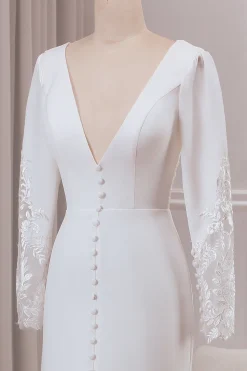Marfim profundo V-neck mangas longas Crepe e renda sereia vestido de noiva