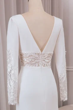 Marfim profundo V-neck mangas longas Crepe e renda sereia vestido de noiva