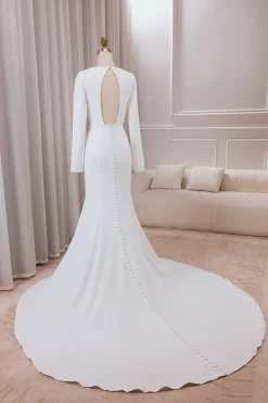 Marfim profundo V-neck mangas longas Crepe Sereia vestido de noiva com fenda frontal