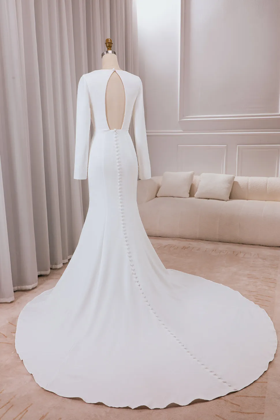 Marfim profundo V-neck mangas longas Crepe Sereia vestido de noiva com fenda frontal