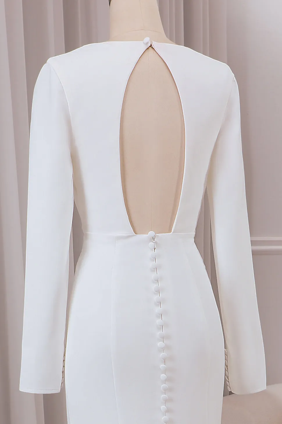 Marfim profundo V-neck mangas longas Crepe Sereia vestido de noiva com fenda frontal
