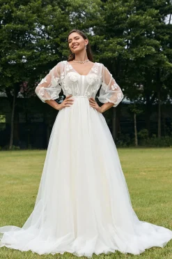 Marfim Puff mangas espartilho vestido de noiva com flores 3D