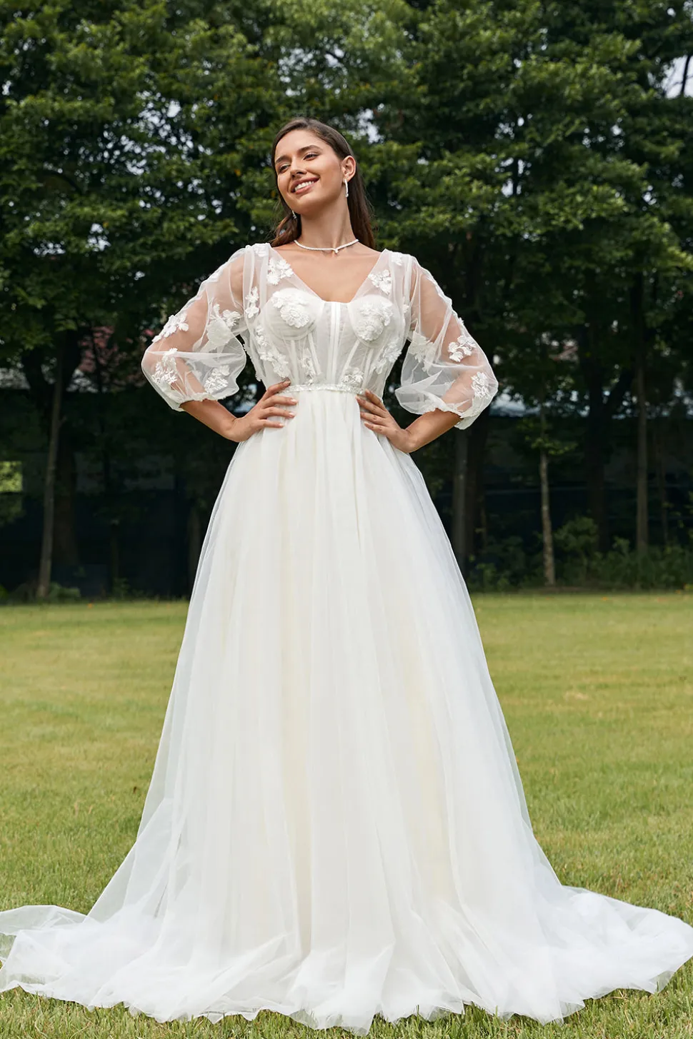 Marfim Puff mangas espartilho vestido de noiva com flores 3D