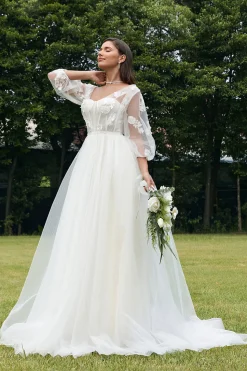 Marfim Puff mangas espartilho vestido de noiva com flores 3D