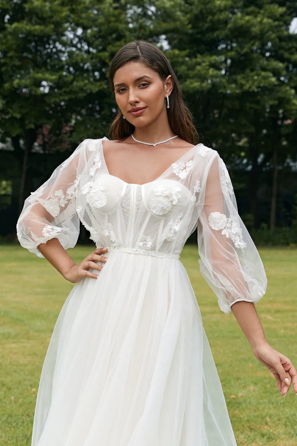 Marfim Puff mangas espartilho vestido de noiva com flores 3D