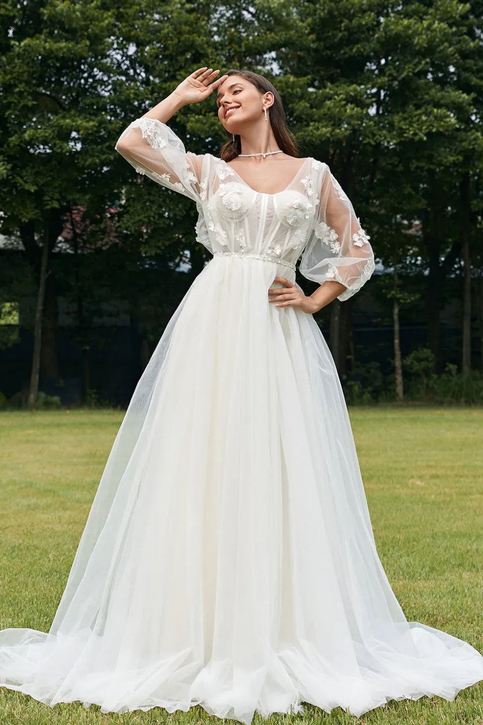 Marfim Puff mangas espartilho vestido de noiva com flores 3D