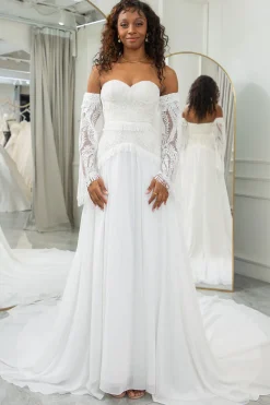 Marfim Querida Destacável Flare Mangas Boho Vestido de Noiva