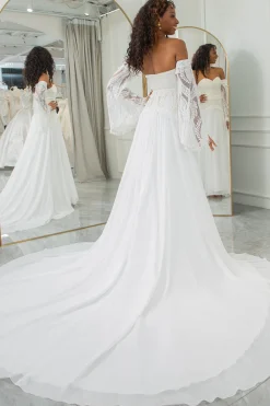 Marfim Querida Destacável Flare Mangas Boho Vestido de Noiva