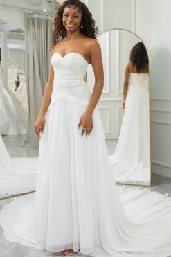 Marfim Querida Destacável Flare Mangas Boho Vestido de Noiva