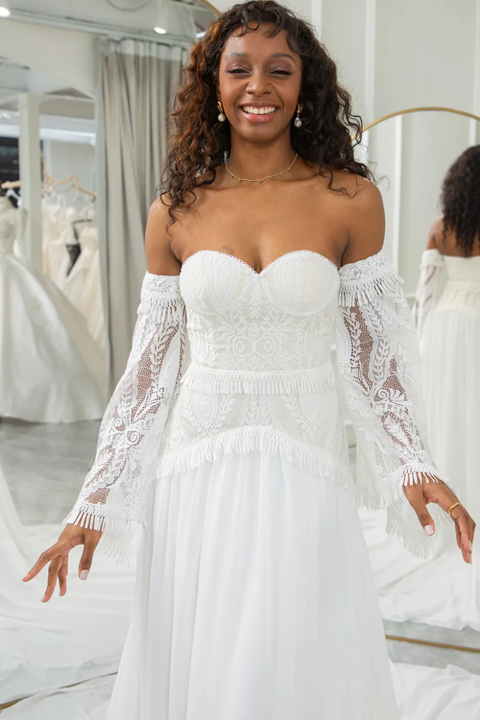 Marfim Querida Destacável Flare Mangas Boho Vestido de Noiva