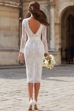 Marfim Renda Bodycon manga longa Midi vestido de noivado com sash