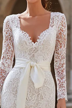 Marfim Renda Bodycon manga longa Midi vestido de noivado com sash