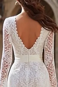 Marfim Renda Bodycon manga longa Midi vestido de noivado com sash