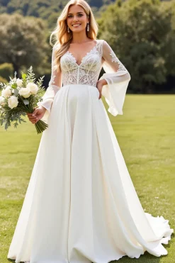 Marfim Renda Decote em V De Baile/Princesa Vestido de Noiva