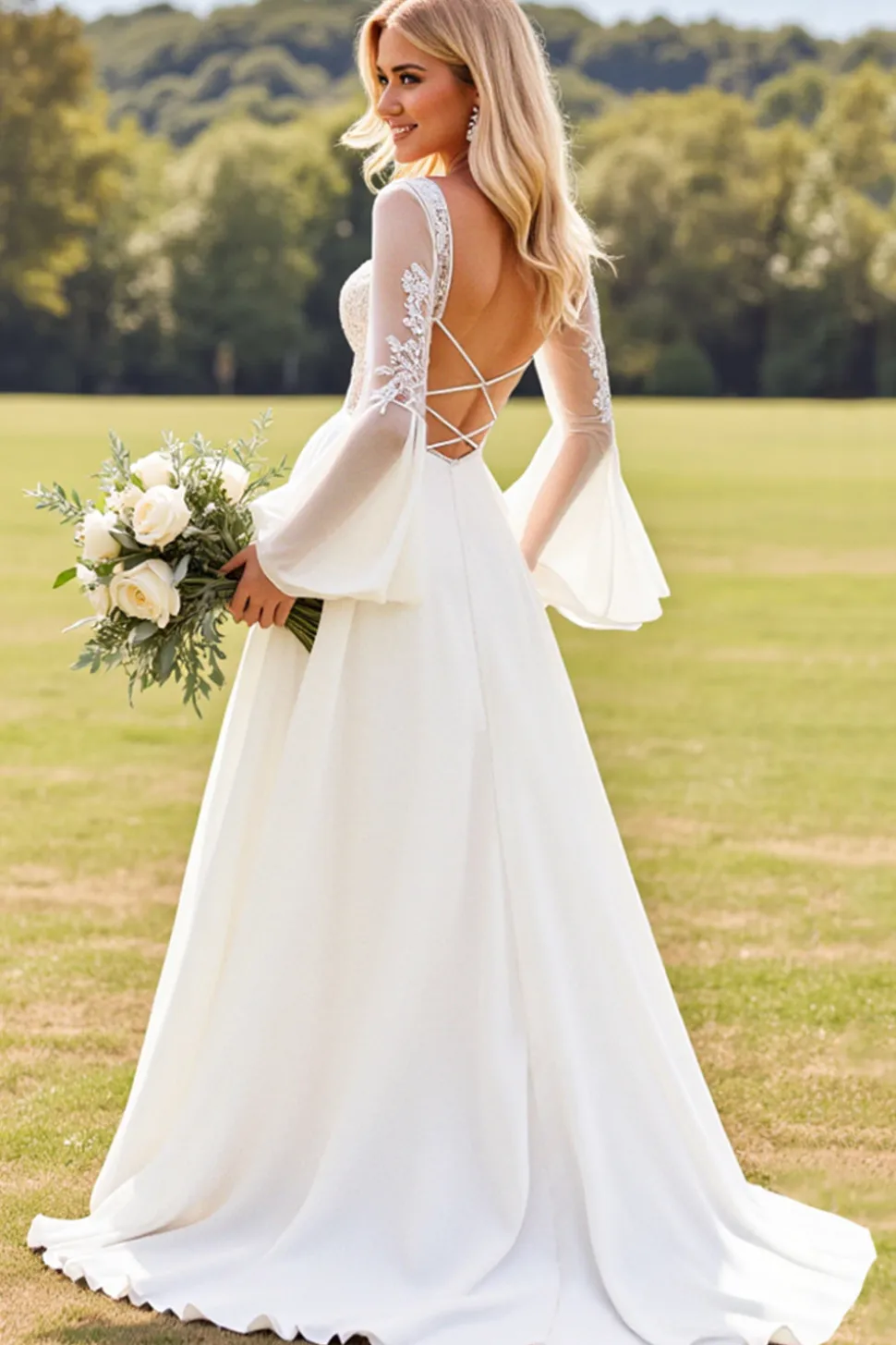 Marfim Renda Decote em V De Baile/Princesa Vestido de Noiva