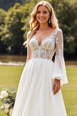Marfim Renda Decote em V De Baile/Princesa Vestido de Noiva