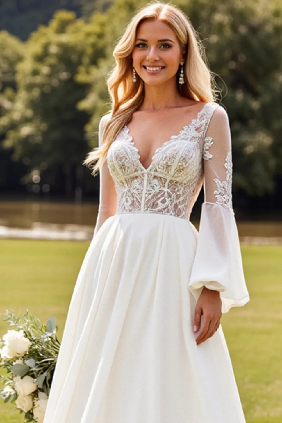 Marfim Renda Decote em V De Baile/Princesa Vestido de Noiva