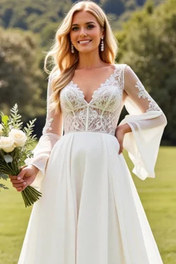 Marfim Renda Decote em V De Baile/Princesa Vestido de Noiva