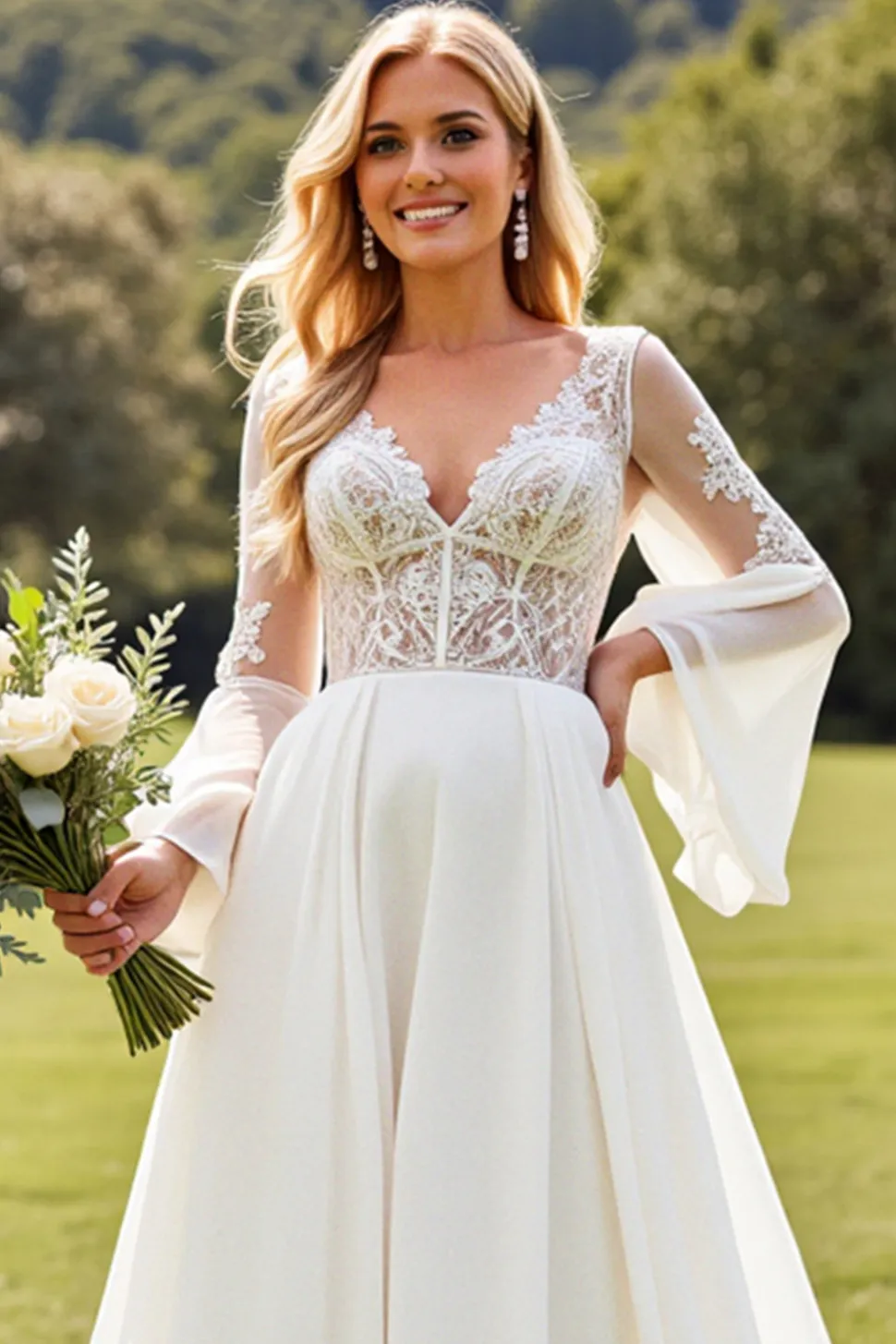 Marfim Renda Decote em V De Baile/Princesa Vestido de Noiva