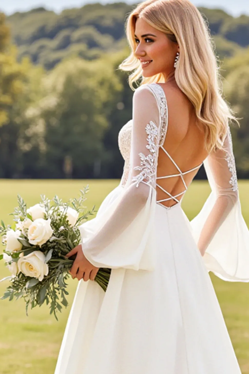 Marfim Renda Decote em V De Baile/Princesa Vestido de Noiva